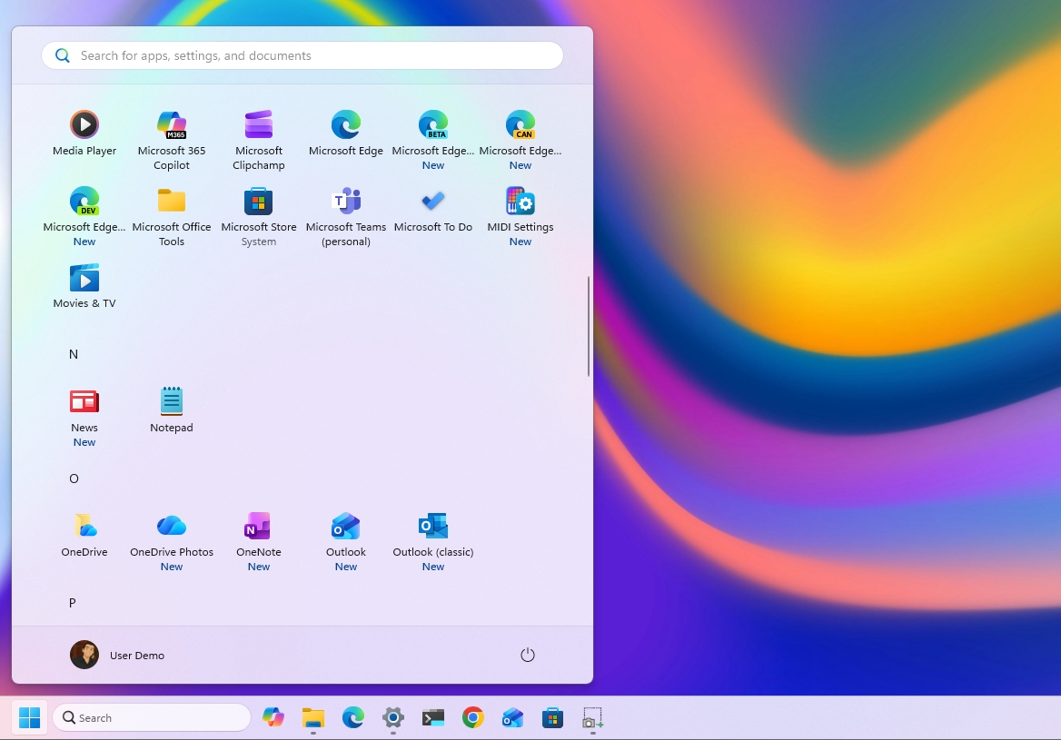 Windows 11 desktop showing the small version of the Start menu.