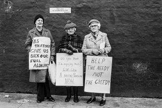 Pensioners protesting outside Margaret Thatcher’s home, 1980, by Jane Bown
