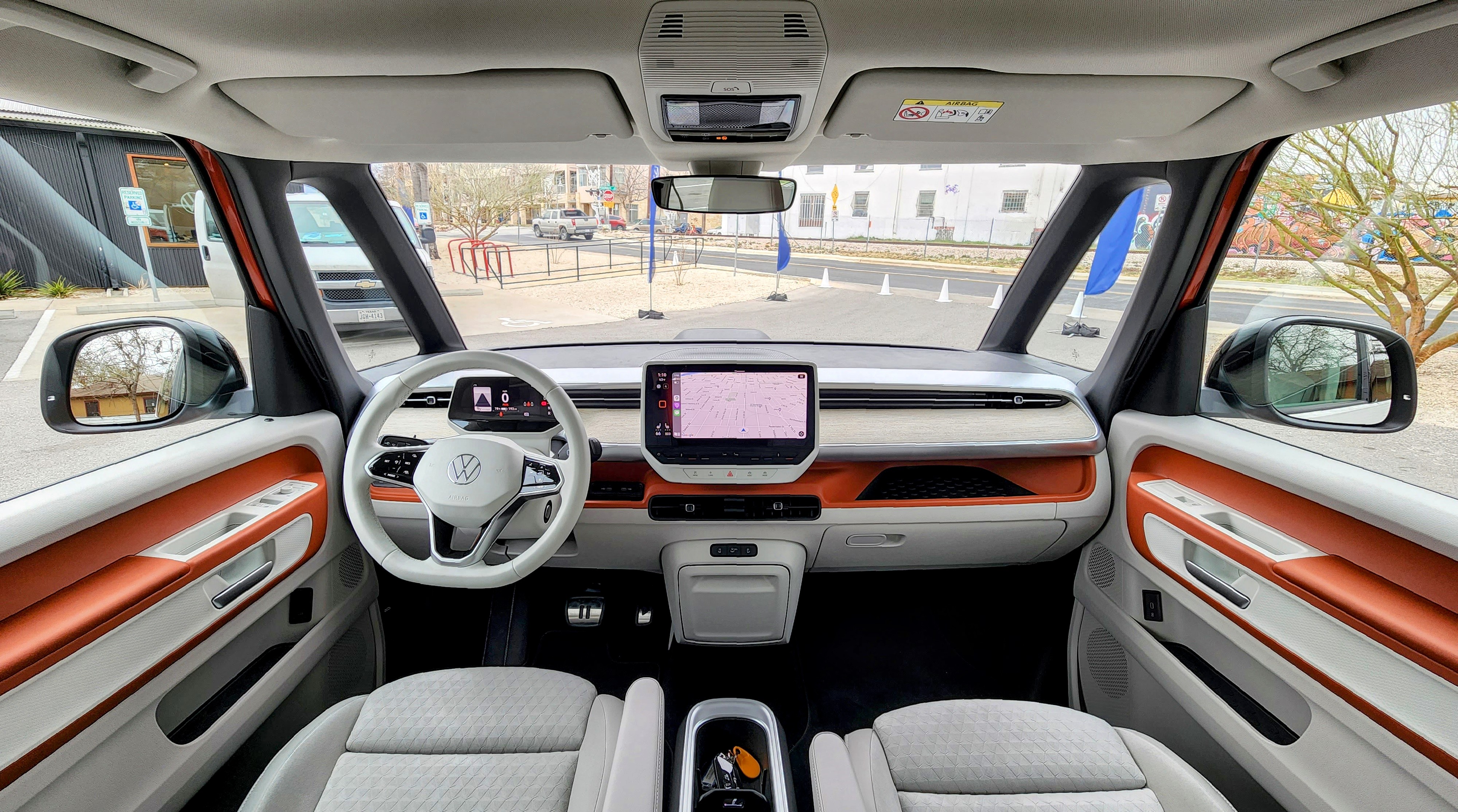 Full width view of the dash from the rear seats