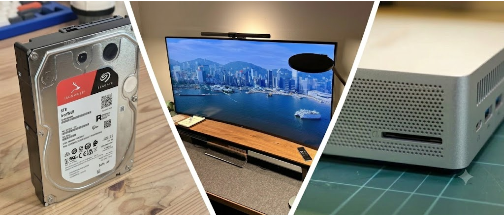 A Dell ultrawide monitor, Geekom mini PC, and Seagate HDD during our reviews, featured in a three-way split divided by a white V shape