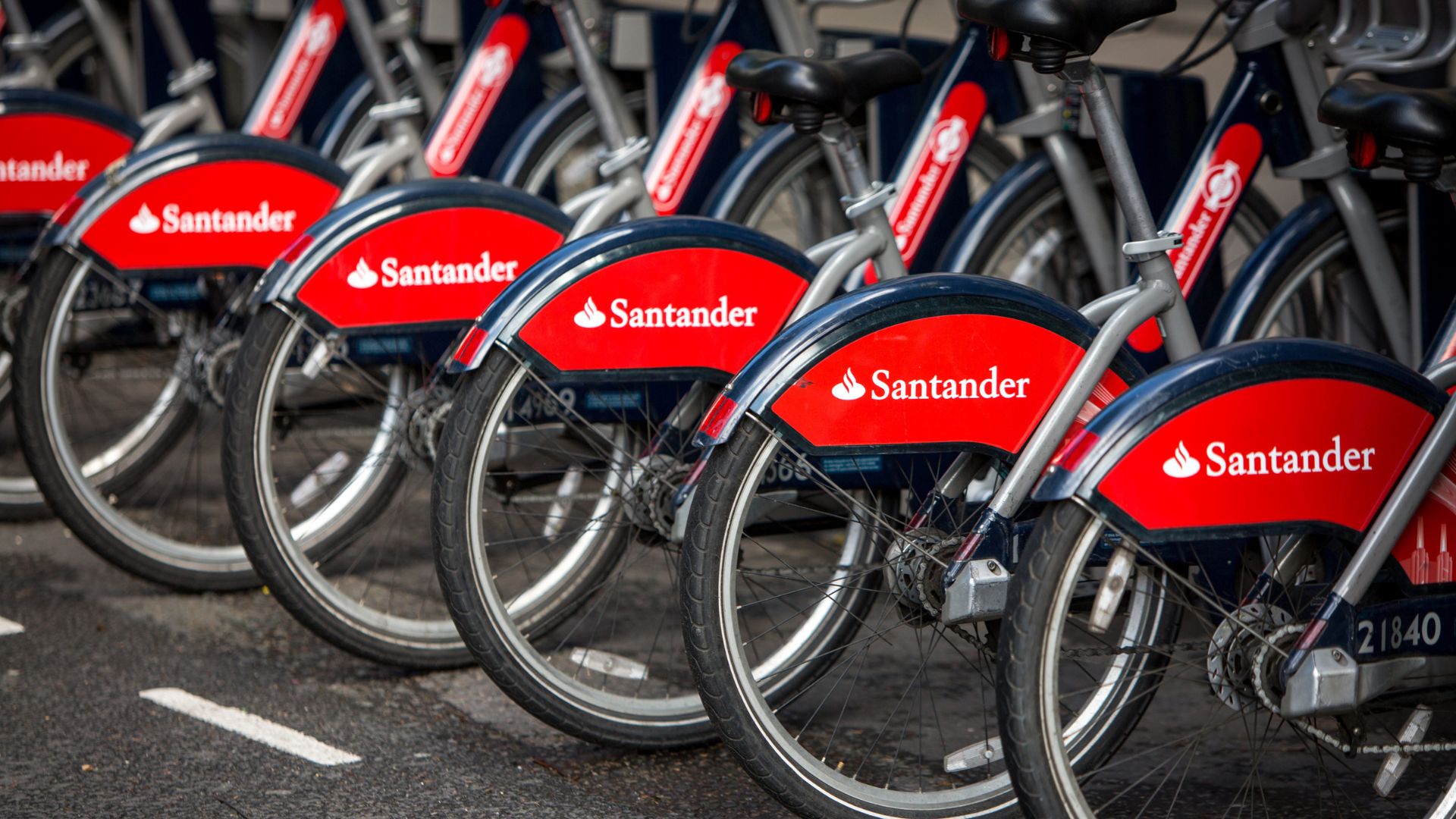  Santander Cycles are parked in their docking station in central London 