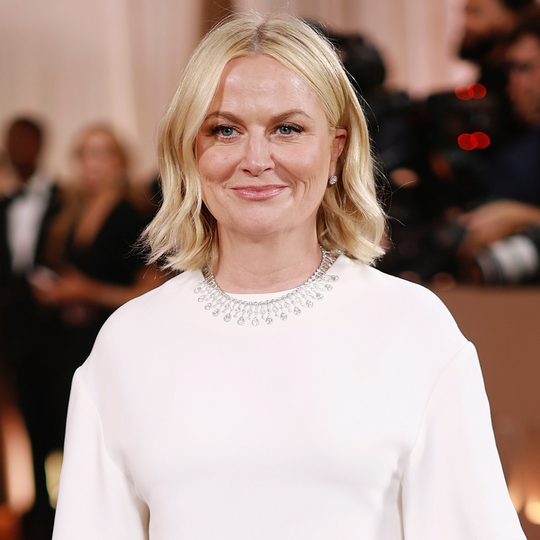 Amy Poehler pictured on the red carpet with wavy blonde bob tucked behind one ear and wearing a white top and silver embellished necklace