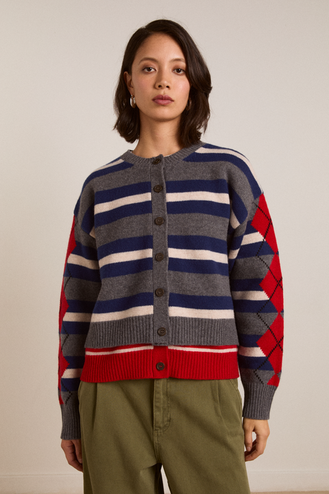 Didi Merino Wool Double Cardigan - Navy Argyle &amp;amp; Stripe