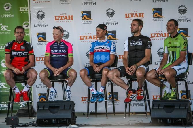 Some of the riders just off the Tour de France introduced to the crowd