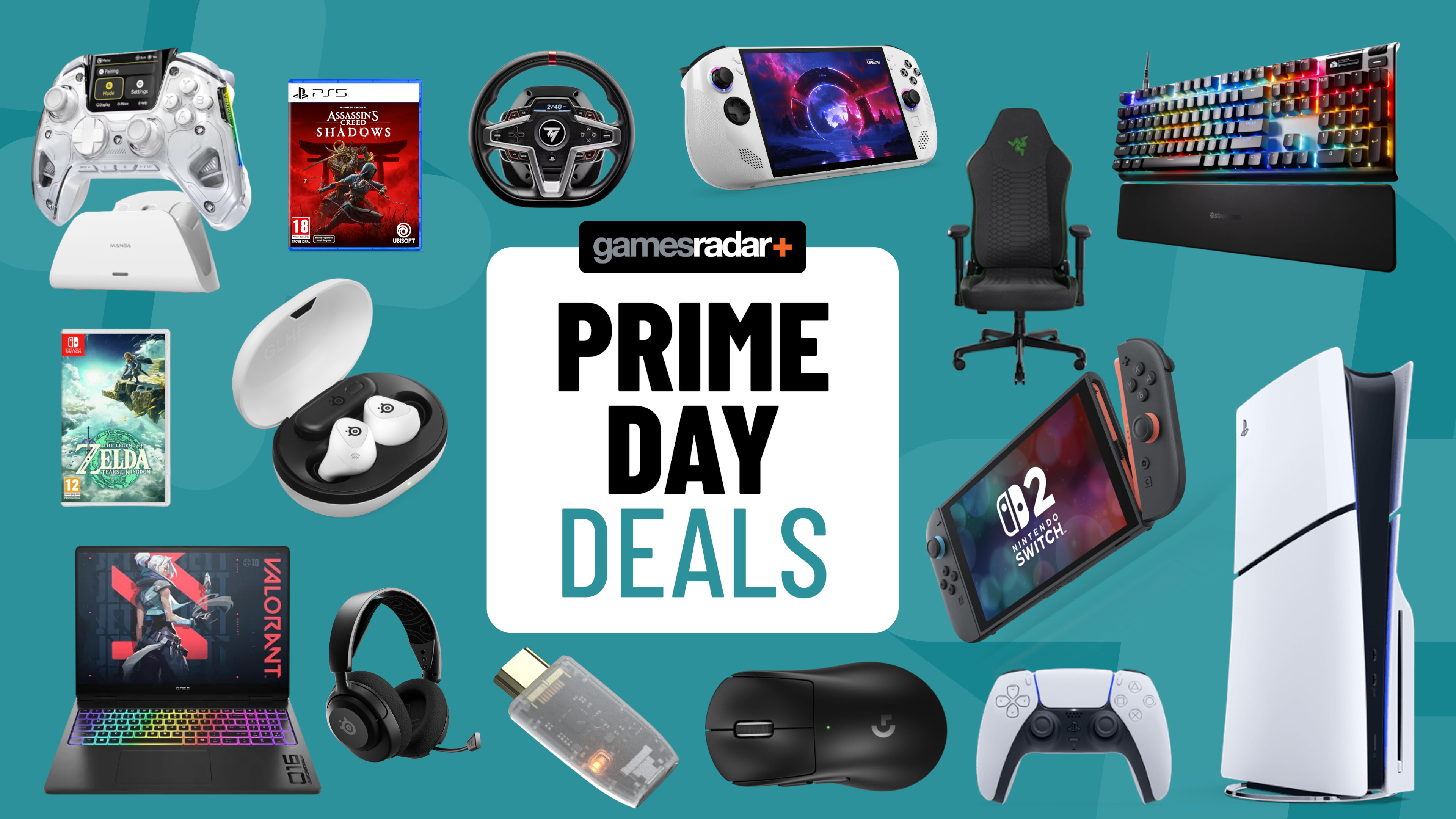 Amazon Prime Day badge surrounded by PS5, Lenovo Legion Go S, Nintendo Switch 2, and keyboards, and various accessories with blue backdrop.