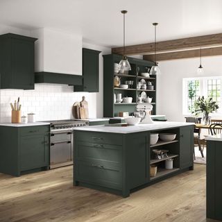 kitchen with white wall and dark green kitchen cabinets