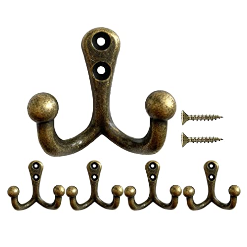 Beilala Coat Hooks Wall Mounted, 5 Pack Bronze Heavy Duty Double Prong Vintage Hook With Screws for Hanging Clothes Robe Towel Hat Key Bag Cup