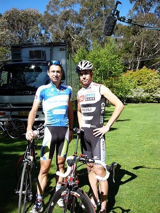 Best mates Matt Wilson (left) stands with his friend and former team-mate (from FDJeux.com days) Bradley McGee, in the grounds of the bush retreat holiday resort in Fitzroy Falls, NSW, Australia. The pair had just finished a charity ride to commemorate the retirement of McGee, one of Australia's greates cyclists.