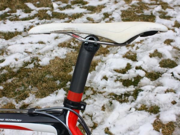 Page's PRO Griffon saddle is set way back on the rails.
