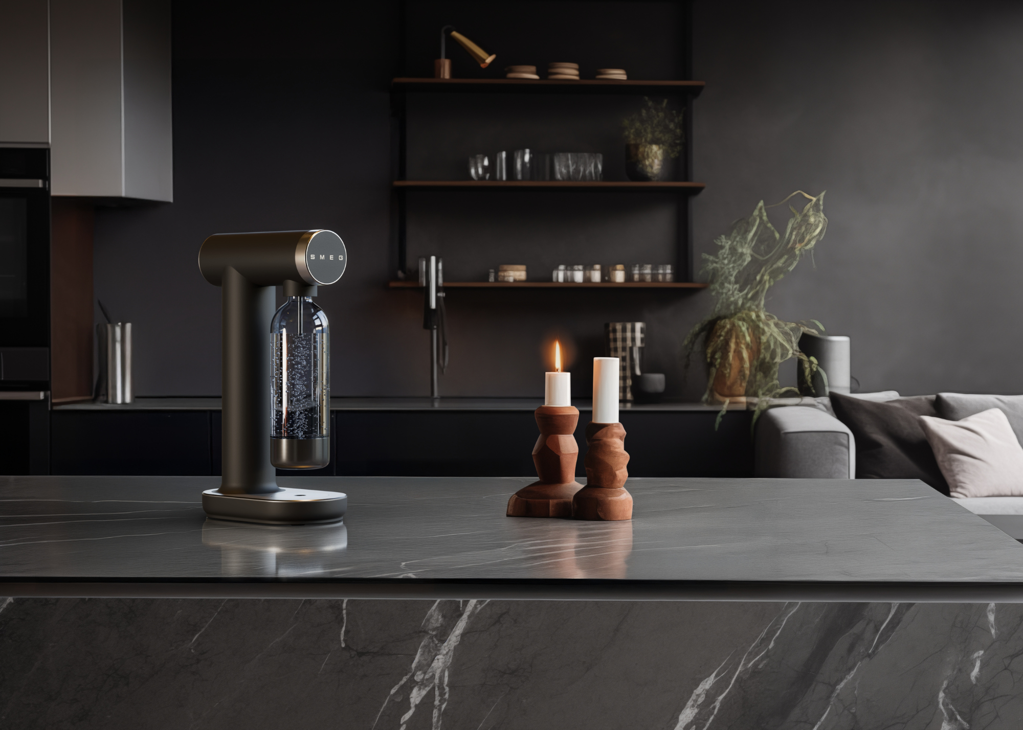 The black smeg soda maker on a black marble kitchen counter