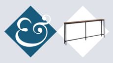 Viral skinny sofa table pictured against a powder blue, navy, and white background that features the H&G logo