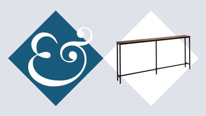 Viral skinny sofa table pictured against a powder blue, navy, and white background that features the H&G logo