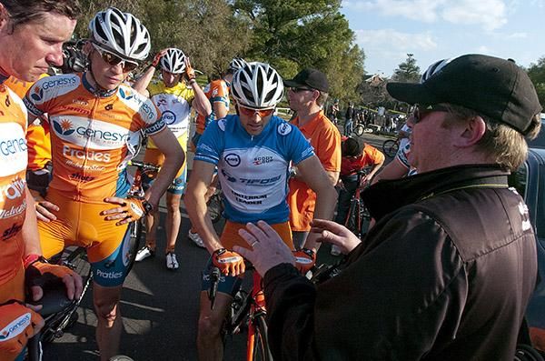 That was a great effort guys: Genesys Wealth Advisers manager Andrew Christie-Johnston speaks with his charges after the final stage in Geelong.