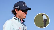 Adam Schenk with an inset of him putting one-handed