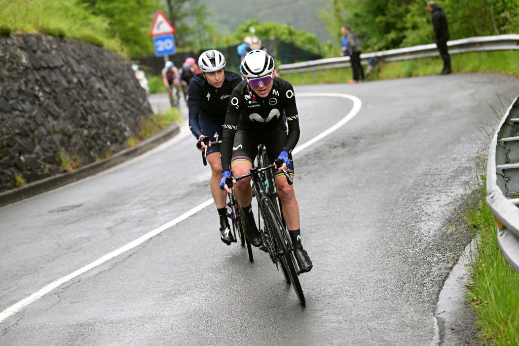 MARKINA SPAIN MAY 12 Annemiek Van Vleuten of The Netherlands and Movistar Team competes in the chase group during the 2nd Itzulia Women 2023 Stage 1 a 1222km stage from Etxebarria to MarkinaXemein UCIWWT on May 12 2023 in Markina Spain Photo by Dario BelingheriGetty Images