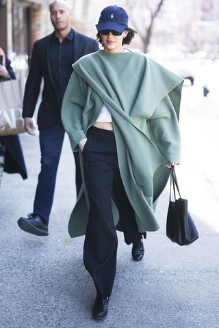 Kendall Jenner wearing a mint green coat in NYC