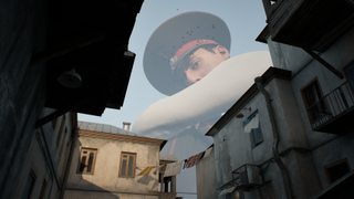 A huge police officer looks down on the player from above the rooftops