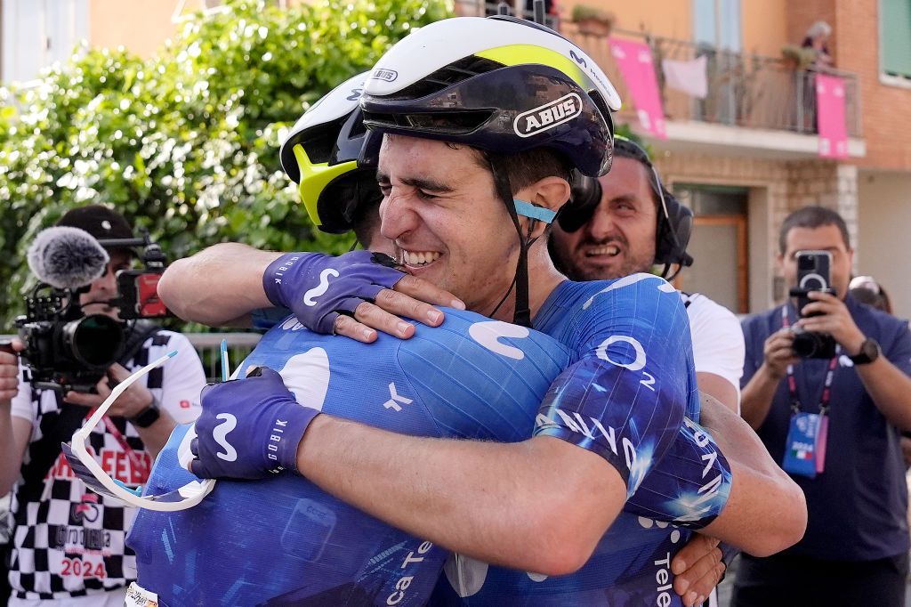 RAPOLANO TERME ITALY MAY 09 EDITORS NOTE Alternate crop Stage winner Pelayo Sanchez of Spain and Movistar Team reacts after the 107th Giro dItalia 2024 Stage 6 a 180km stage from Viareggio to Rapolano terme 322m UCIWT on May 09 2024 in Rapolano terme Italy Photo by Fabio Ferrari PoolGetty Images