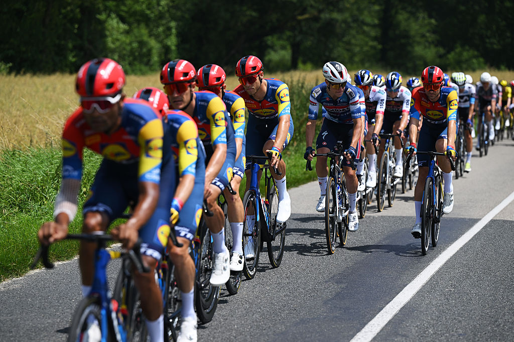 MACON, FRANCE - JUNE 12: (L-R) Jonathan Milan of Italy and Edward Theuns of Belgium and Team Lidl - Trek during the 77th Criterium du Dauphine 2025, Stage 5 a 183km stage from Saint-Priest to Macon / #UCIWT / on June 12, 2025 in Macon, France. (Photo by Dario Belingheri/Getty Images)