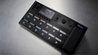 A Line 6 Helix multi-effects pedal on grey floor