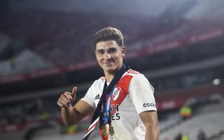 River Plate striker Julian Alvarez gives a thumbs up