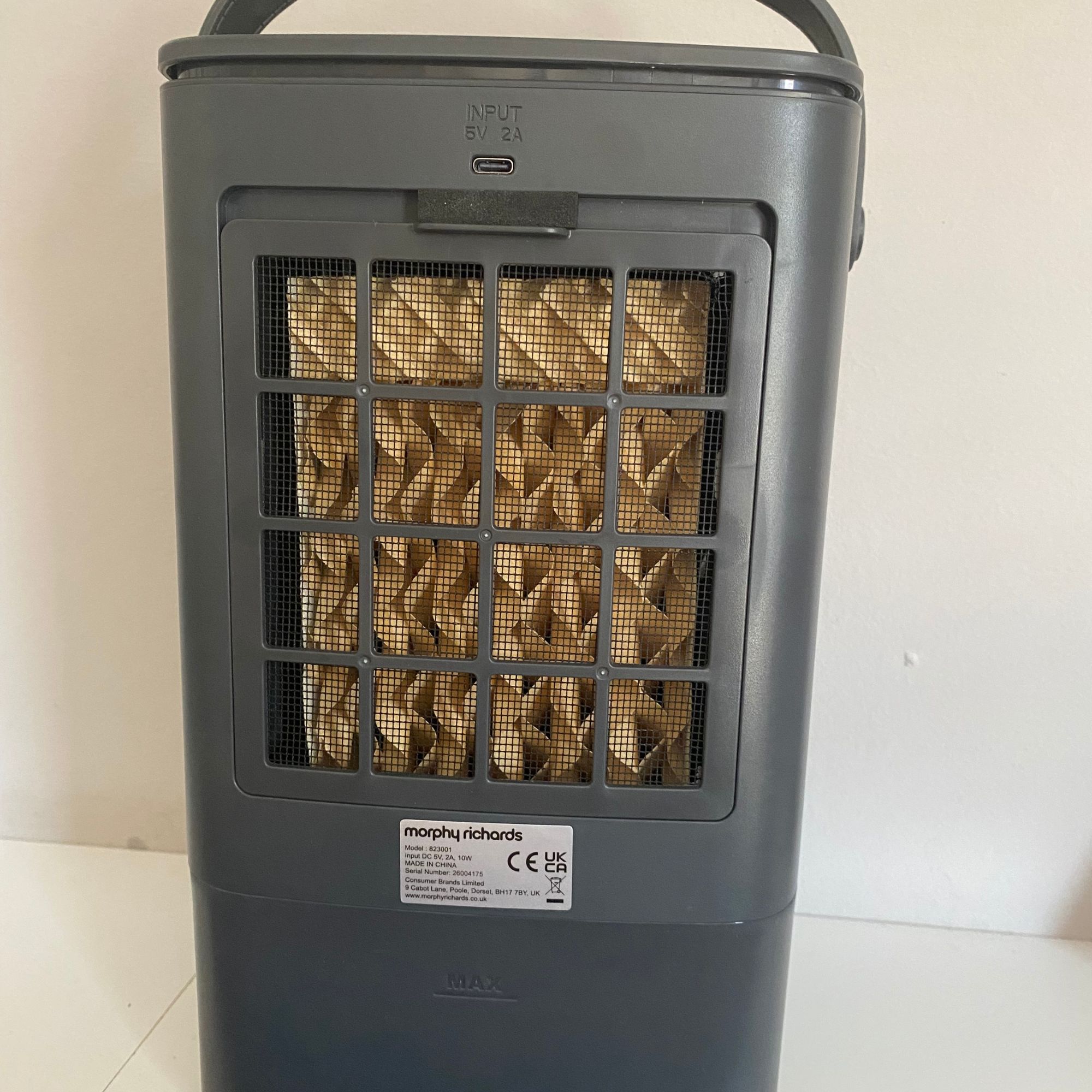 Rear view of the Morphy Richards Flexifreeze 1L Air Cooler, showing the honeycombe structure filter