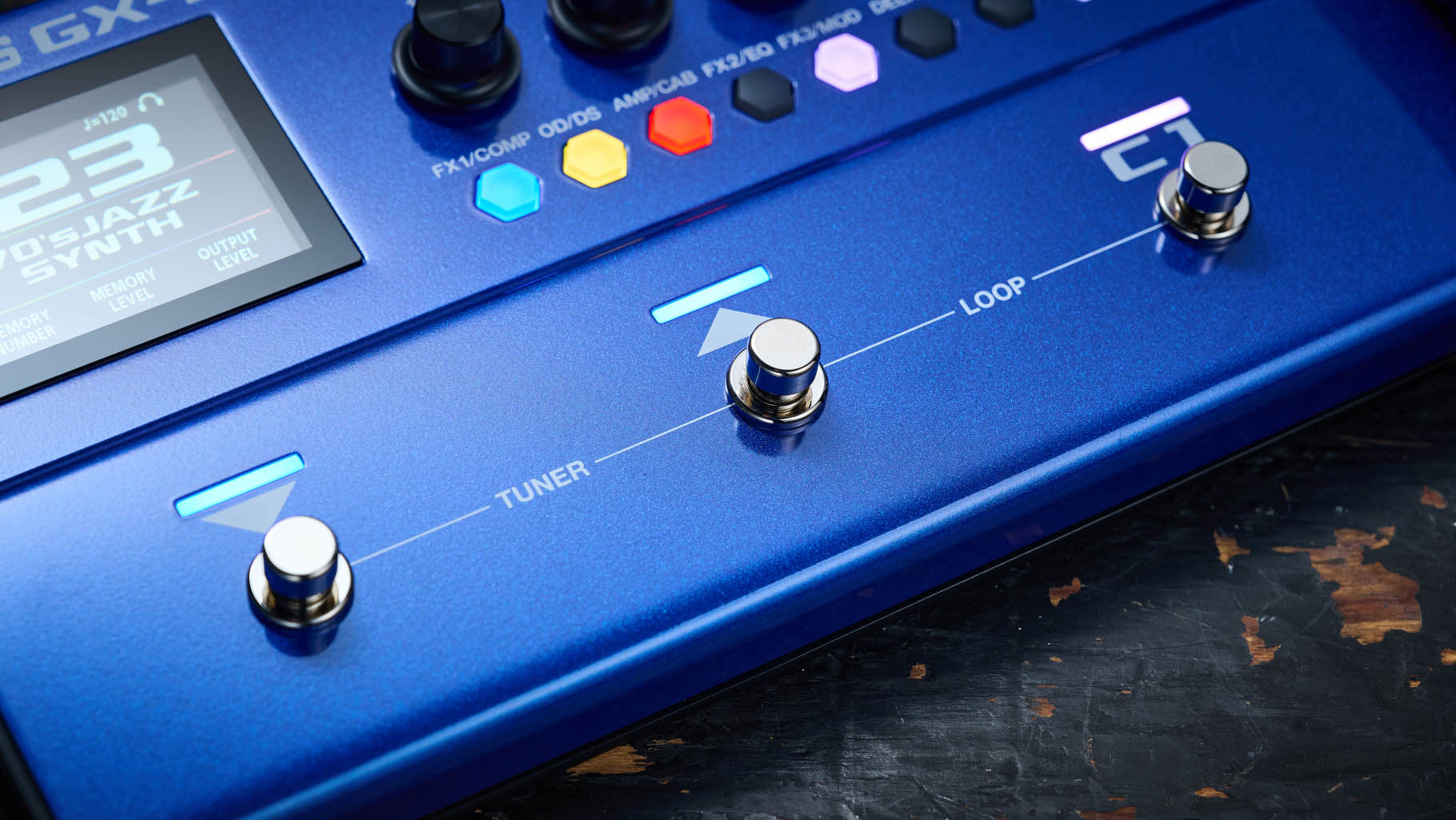Boss GX-1B, the multi-effects pedal designed specifically for bass has a blue enclosure, three assignable footswitches and an integrated expression pedal &amp;ndash; and it's digital display is easy to read.