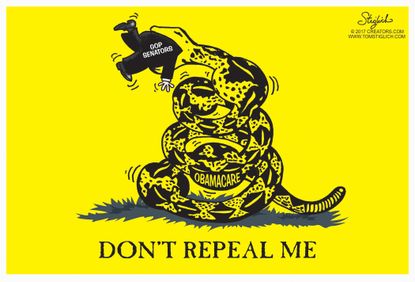 Political cartoon U.S. GOP health-care bill don't tread on me