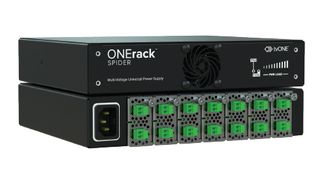 Front and rear of ONErack Spider multi-voltage DC rack-mountable PSU, which powers up to 14 devices