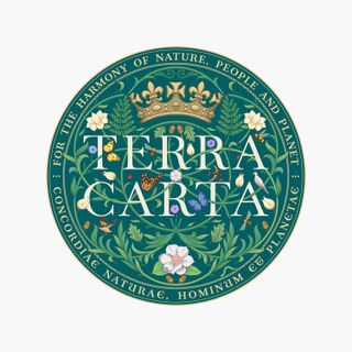 A digital version of the Terra Carta Seal in colour, with a green background and gold type