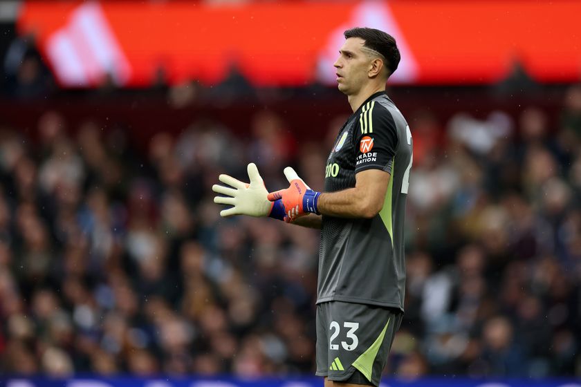 Emiliano Martinez of Aston Villa during the Premier League match between Aston Villa and Bournemouth at Villa Park on November 09, 2025 in Birmingham, England.