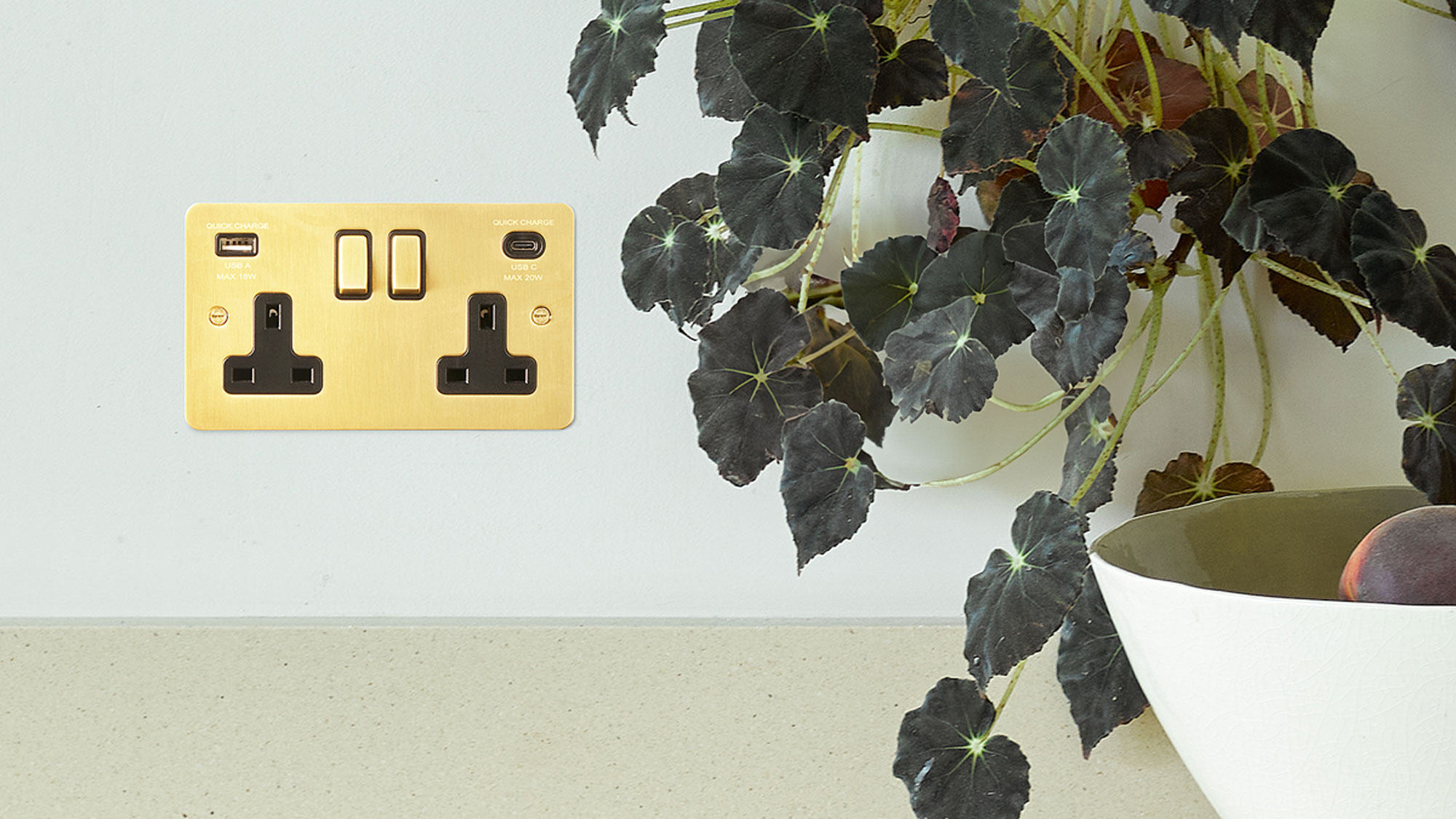 brass USB electrical socket over kitchen worktop