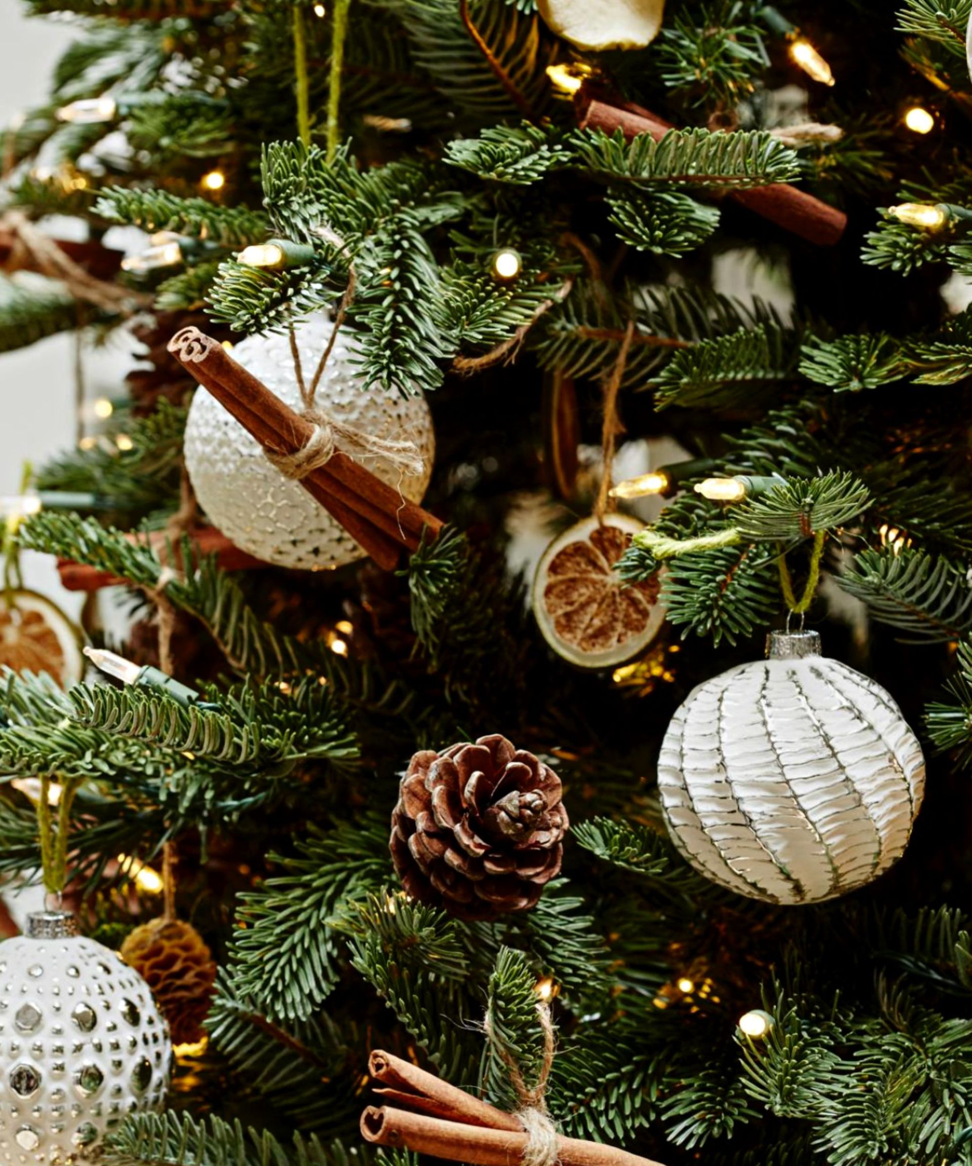 A closeup of white glitter Christmas decorations, pine cones and slices of dried fruit and cinnamon sticks on a Christmas tree.