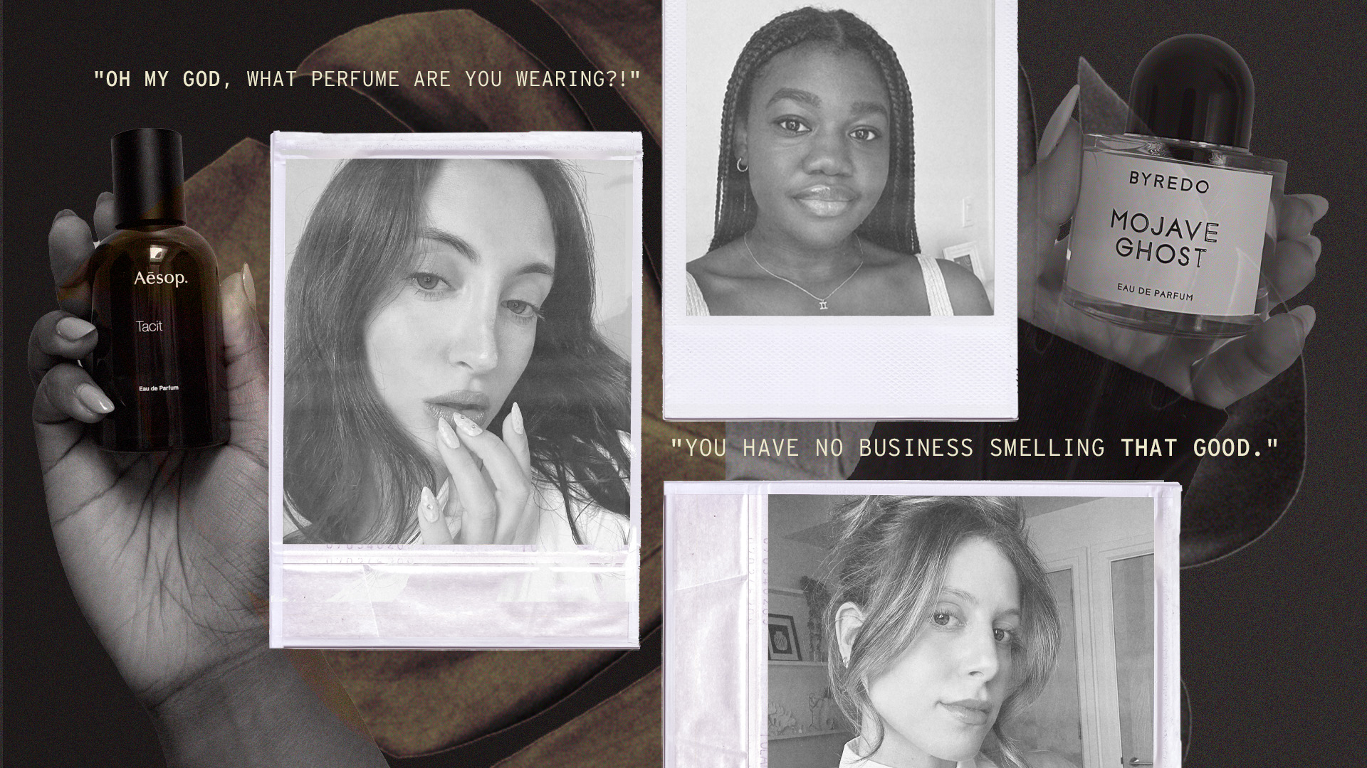 Photo collage of WWW editor selfies, perfumes, and fragrance compliments
