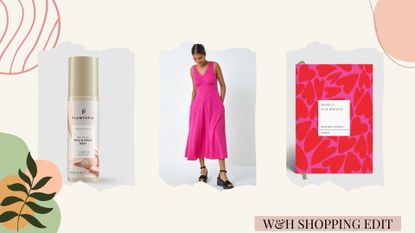 Three picks from w&h's shopping edit in April, on a cream background with floral, green and pink graphics.