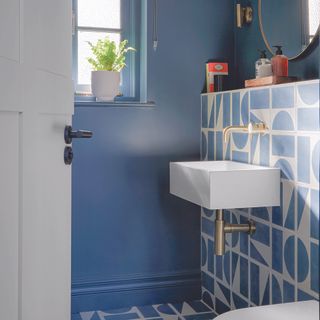 Blue cloakroom with tiles and paint in same colour