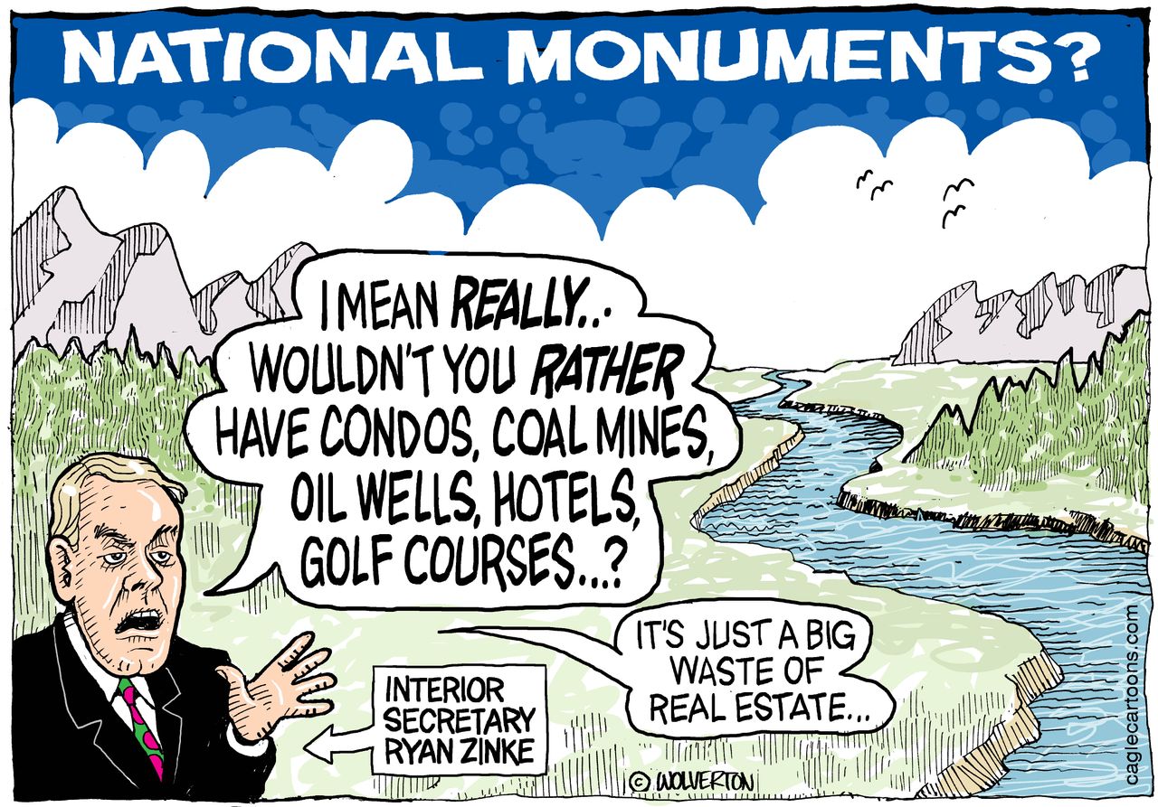 Political cartoon U.S. Trump Ryan Zinke national monuments parks