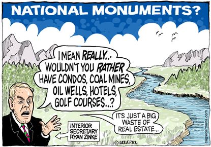 Political cartoon U.S. Trump Ryan Zinke national monuments parks