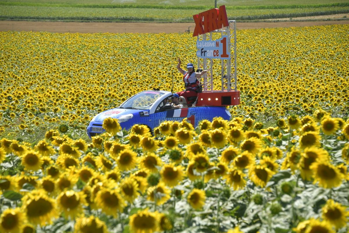 The caravan and sun flowers. Two iconic features of the Tour de France