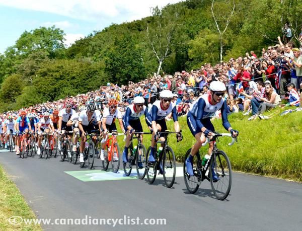 David Millar (Great Britain) leads the peloton on Box Hill
