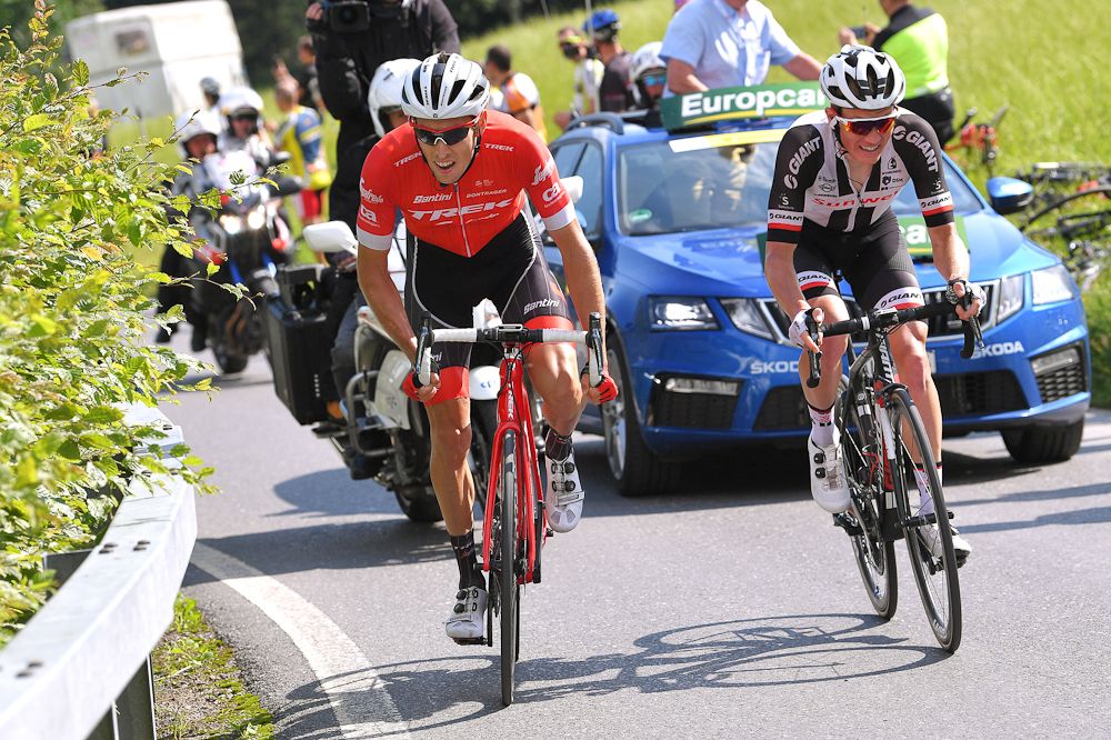Soren Kragh Andersen (Team Sunweb) and Michael Gogl (Trek-Segafredo) near the end of stage 6 at Tour de Suisse