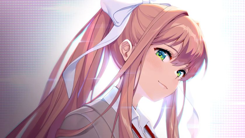 Best visual novel games: a close-up of Monika looking ahead with a bright light behind her during Doki Doki Literature Club Plus!