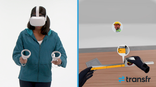 a Woman with a virtual reality set on occupies one half of the screen. The other shows virtual tools that she is controlling.