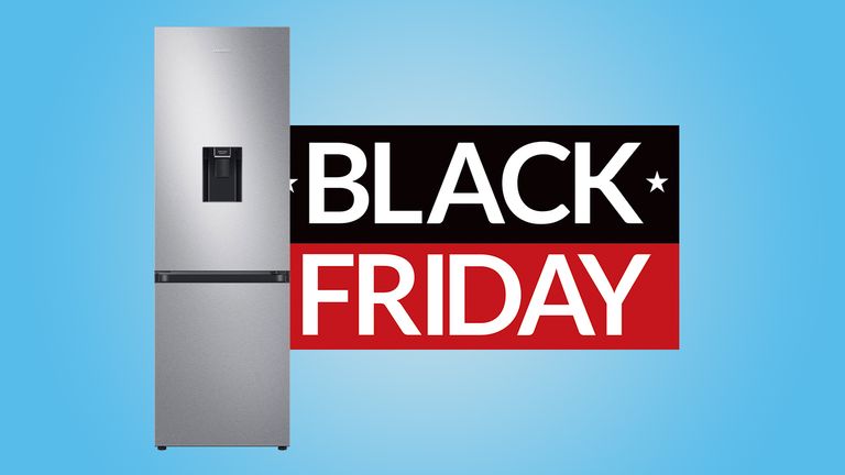 Samsung fridge on blue background with Black Friday deal