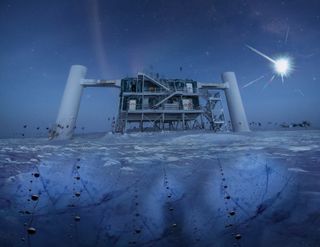 In this artist's illustration, based on a real image of the IceCube lab at the South Pole, a distant source emits neutrinos that are detected below the ice by IceCube sensors.