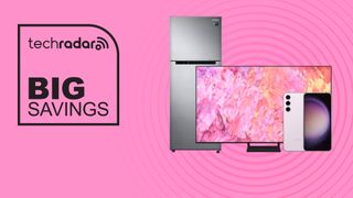 Samsung refrigerator, QLED TV, and Galaxy S23 on pink background with big savings text overlay