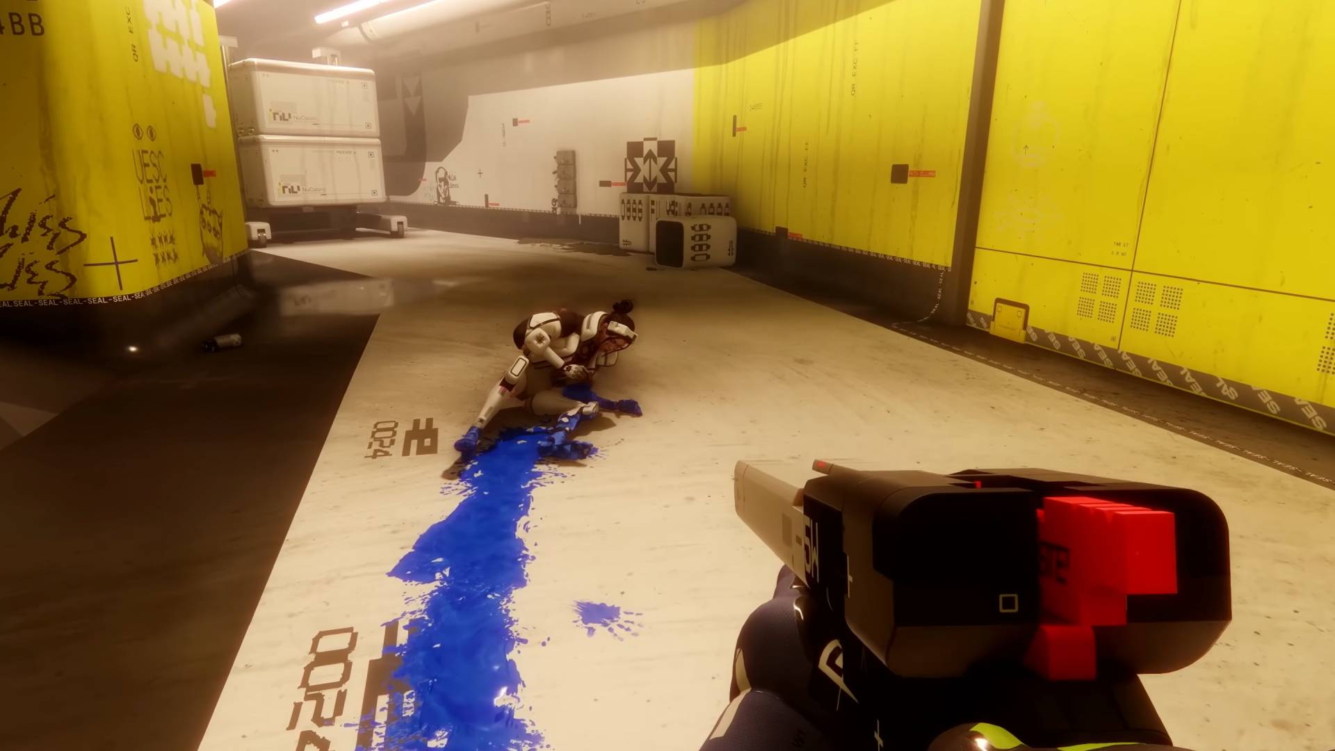 Marathon launch trailer screenshot of a player watching an incapacitated enemy runner crawling away from them with a trail of blue blood