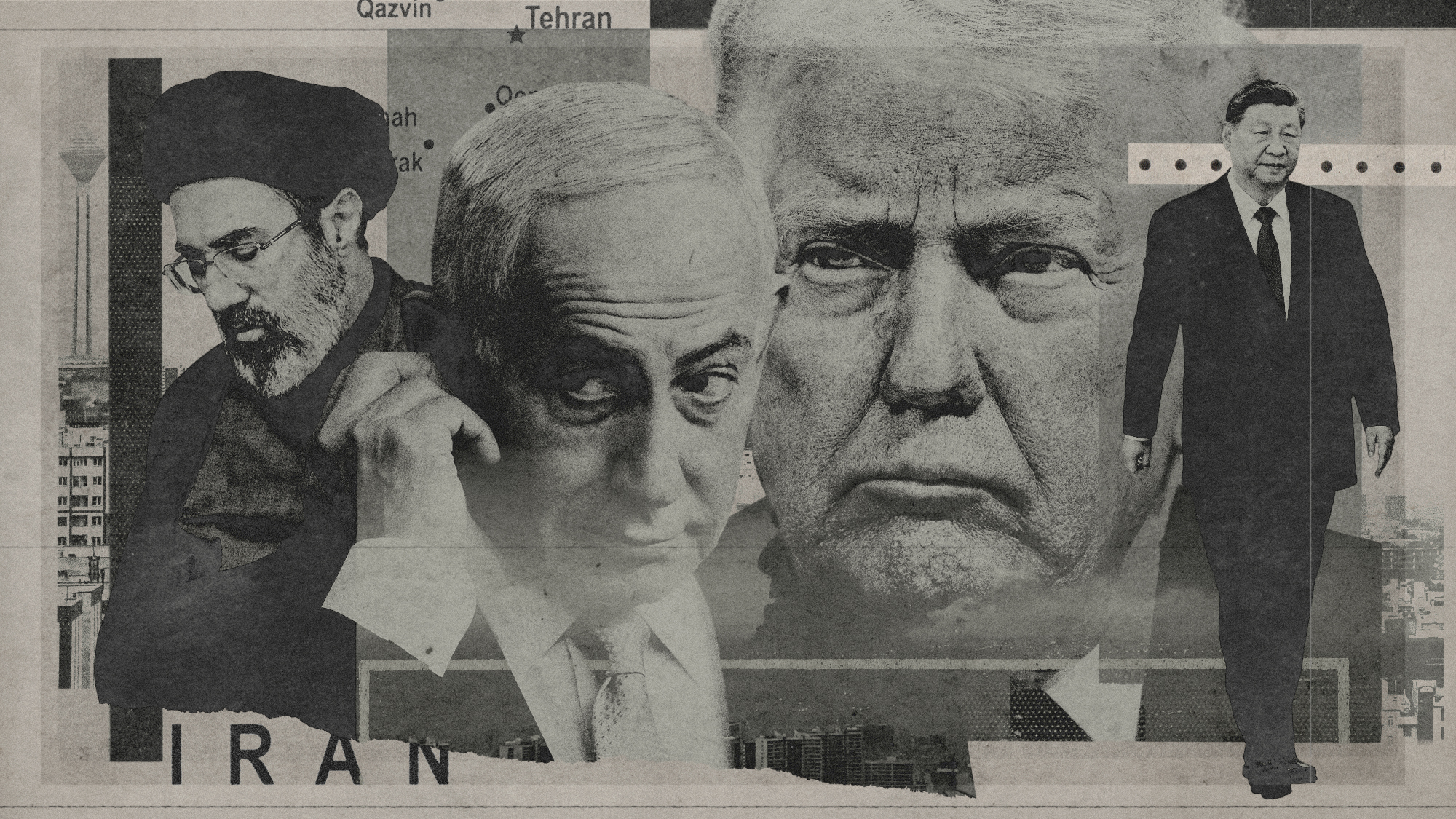 Photo composite illustration of Donald Trump, Benjamin Netanyahu, Xi Jinping and Mojtaba Khamenei