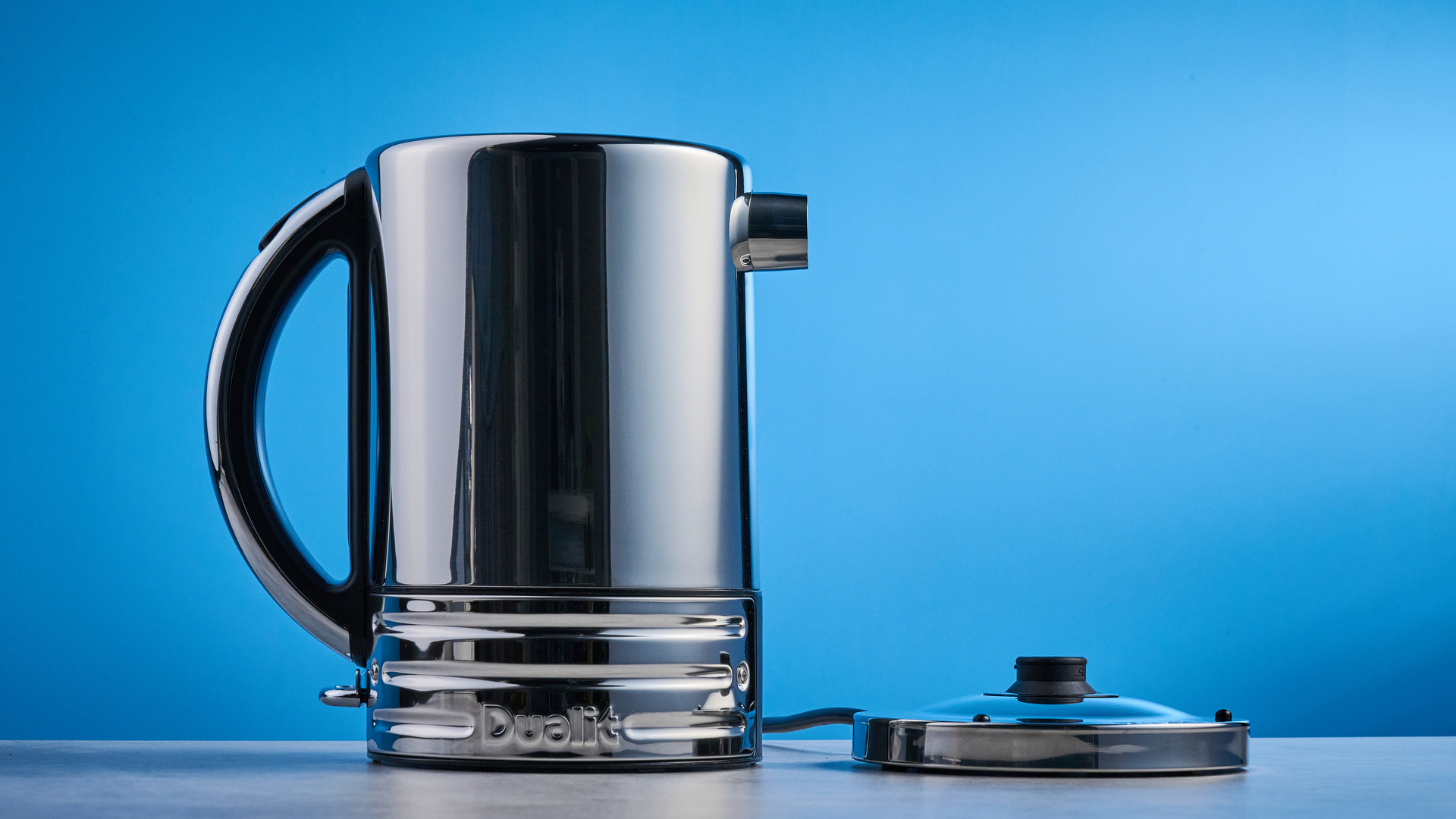 Dualit Design Series Kettle photographed in front of a blue background