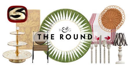 Backyard brunch decor, included a hand-painted butter dish, checkered cake stand, outdoor rug, wovendining chair, stoneware plate, decorative flatware set, table runner, woven chargers, and lamp